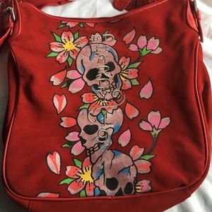 Ed Hardy red suede handbag/ crossbody bag.
